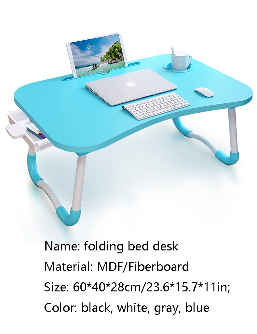 Nowoczesne biurko na laptopa, gniazdo na karty, półka na książki, uchwyt, szuflada, uchwyt na kubek, składany stolik z tacą na nogi, sypialnia, akademik, stół do nauki, napisanie (niebieski 60