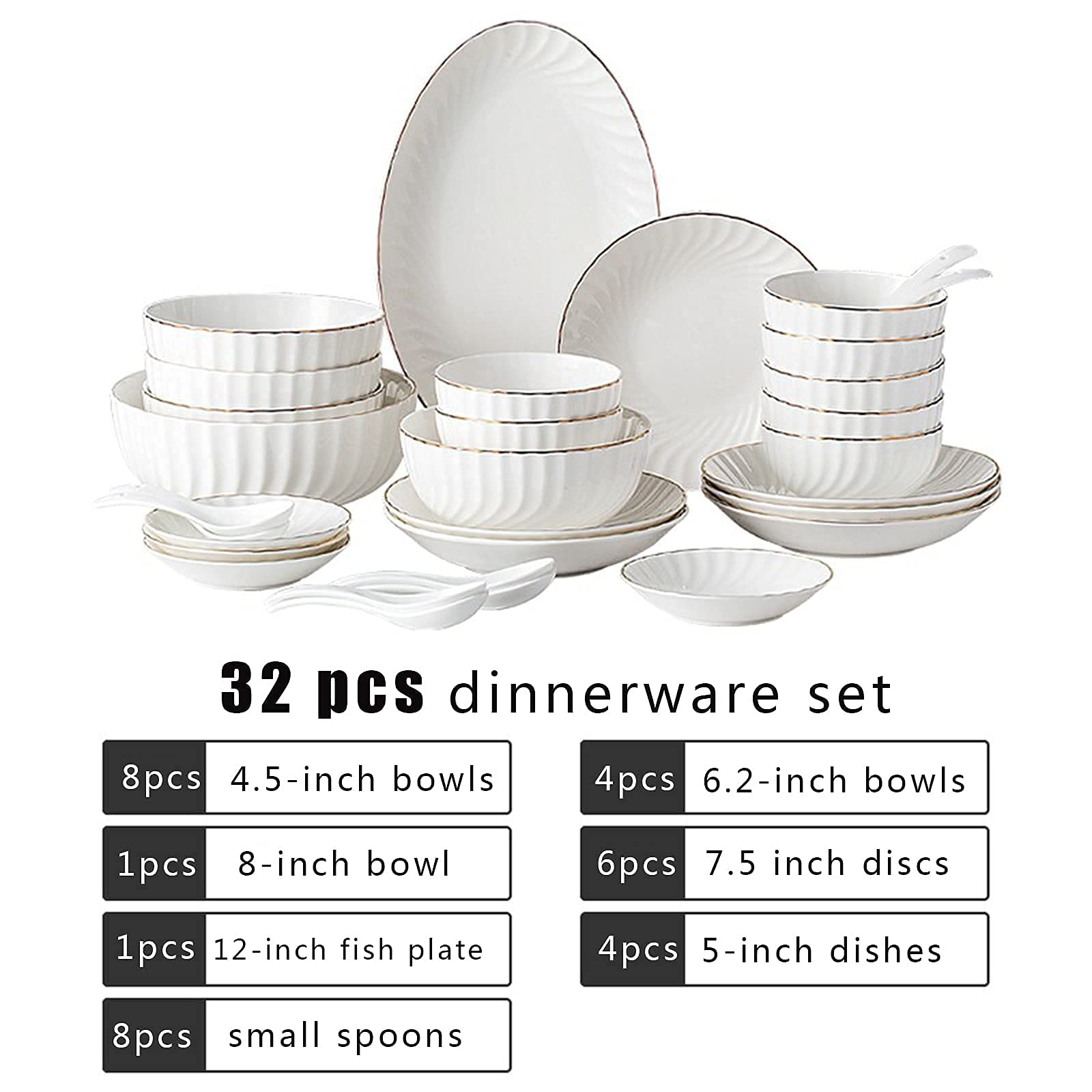 H3TF5J Zestaw białego zastawy stołowej, porcelanowa złota w stylu europejskim, sejf mikrofalowy i zmywarki, 32 fragmenty rodzinnego zastawy stołowej, prezent ślubny w parapetach domowych