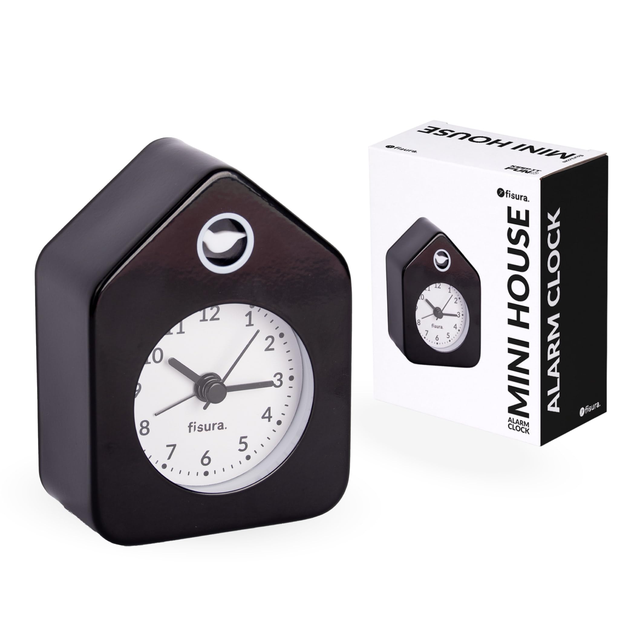 Fisura - Mini Travel Alarm Clock, Silent Non-Ticking Analog, Compact Bedside Clock, Portable, 3.8 x 2.9 x 1.8 in, Battery Not Included, Small Black House
