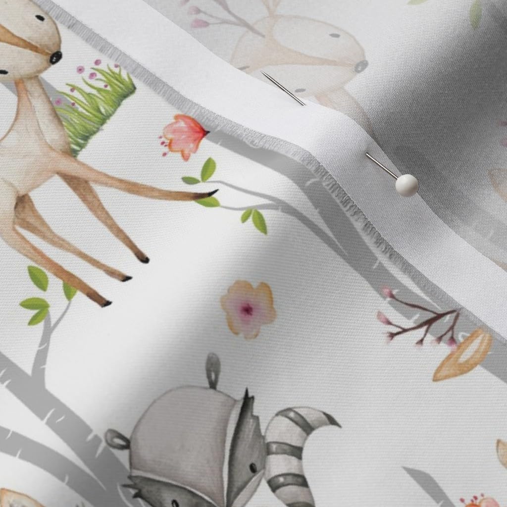 Spoonflower Fabric - Sweet Woodland Animals Deer Fox Raccoon Birch Trees Flowers Girl Printed on Organic Cotton Sateen Fabric by The Yard - Sewing Quilting Apparel Home Decor