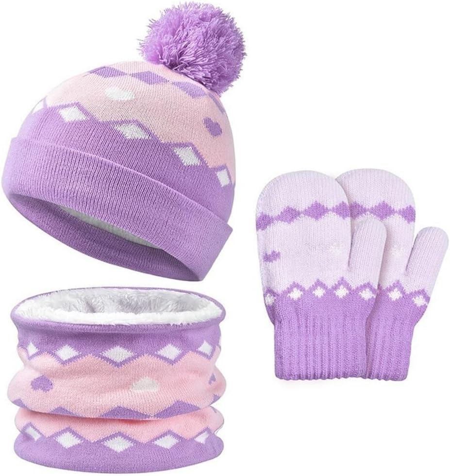 3Pcs Kids Winter Knit Hat Scarf Gloves Set Neck Warmer for 2-8 Years Old Boys Girls Kids Hat and Gloves Set(Pink)