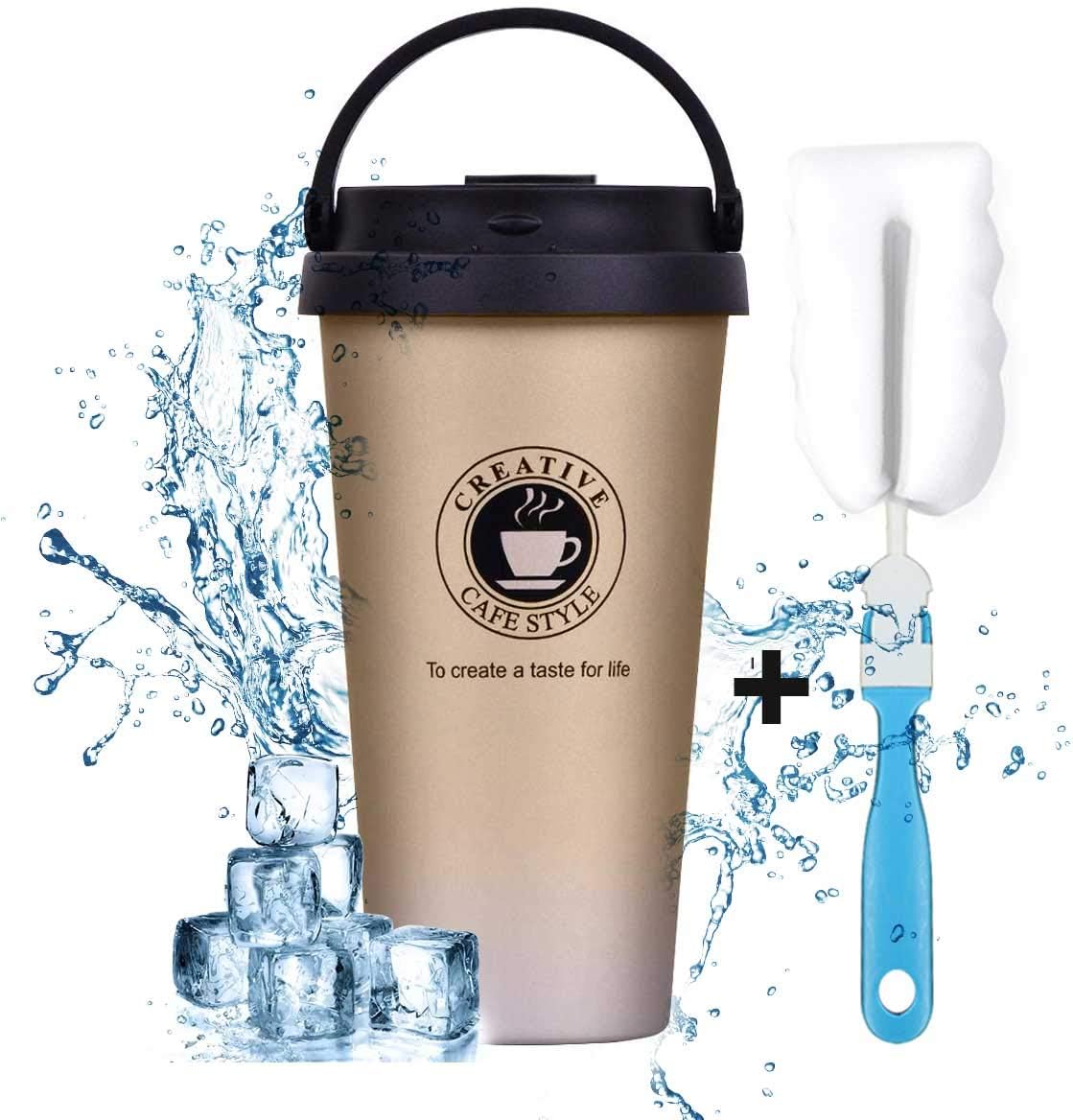 QLF younker Coffee Cup,Travel Mug,Portable,Double Wall Stainless Steel Mug,Travel,Gift,Fashion Style,Thermos Cup,Kettle,Home,18oz (Gift Brush & Gradient Gold)