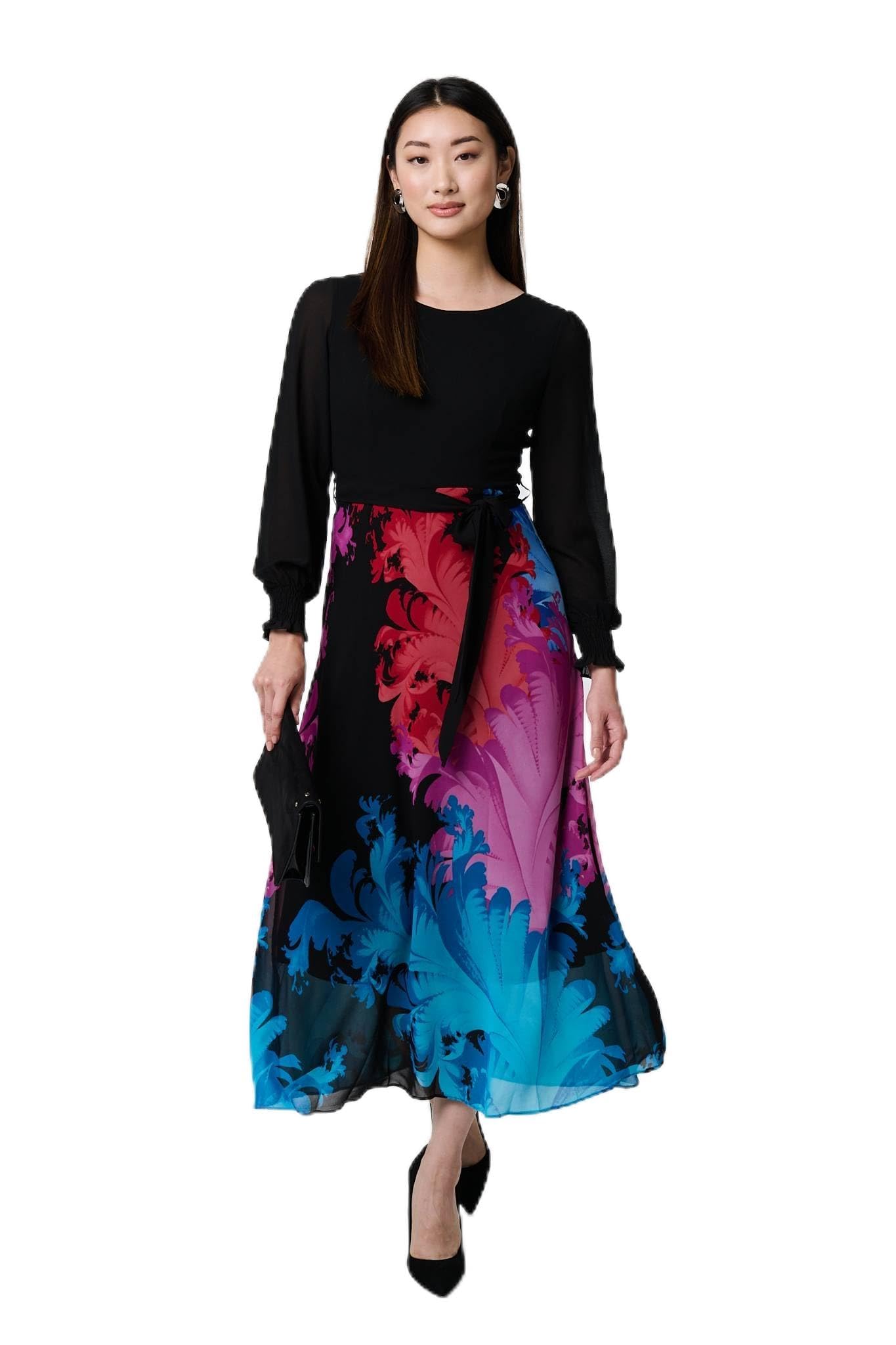 Izabel London Women's Black Floral Contrast Print Tie Waist Midi Dress In | Size: 10