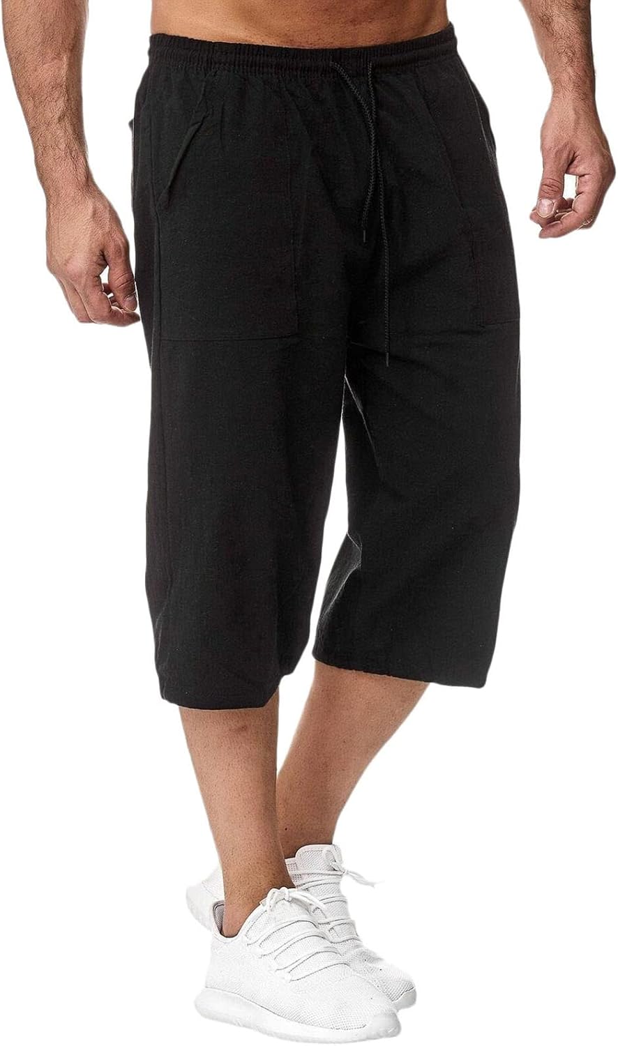 Men’s Linen Cotton Shorts Comfy Elastic Waist 3/4 Summer Pants Drawstring Capri with Pocket