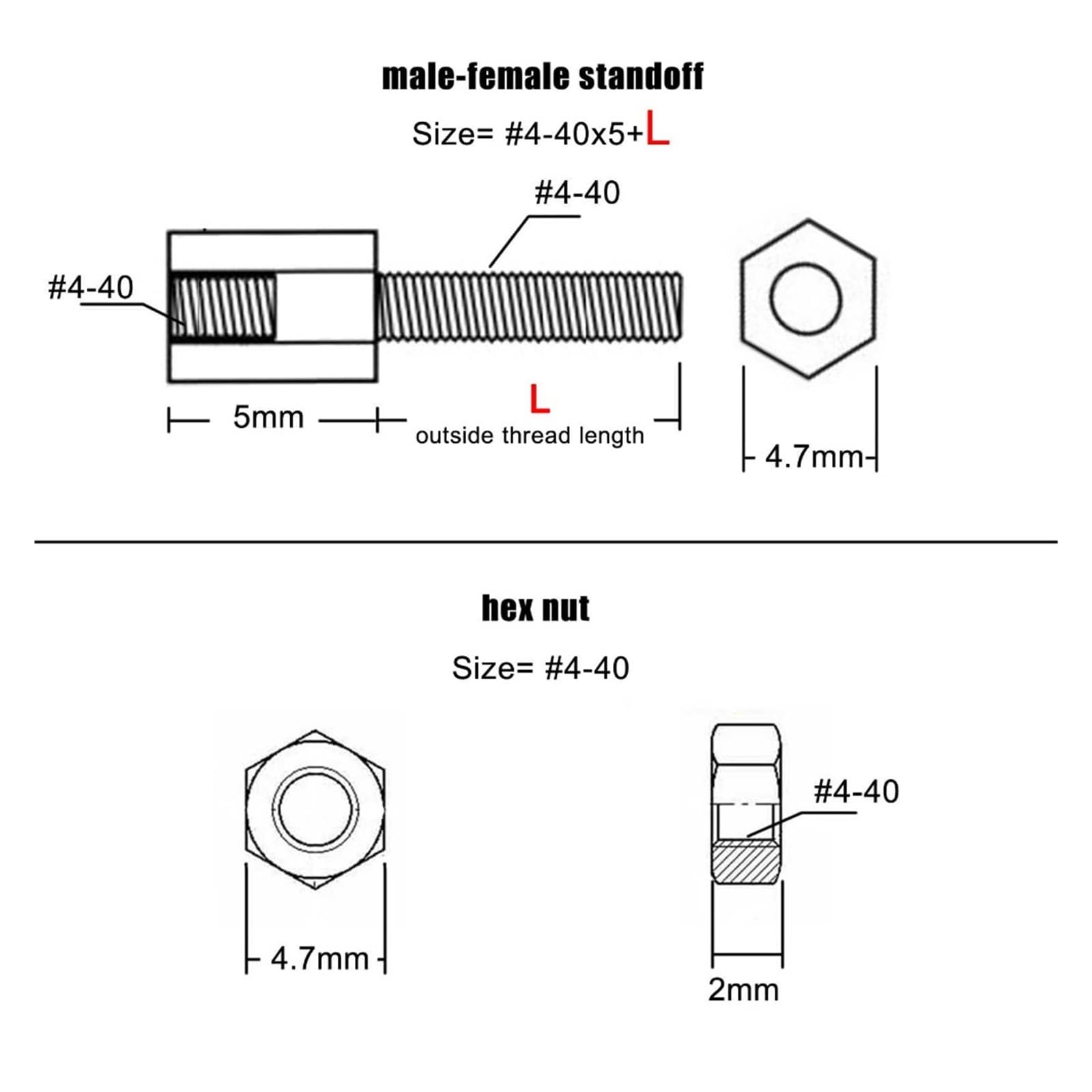 20 pz Ottone Nichelato Standoff 4#-40 * 5 + L Hex Standoff Maschio-Femmina Spacer Jackscrew for PCB Scheda Madre Porta VGA DVI(Outside Thread 5mm)