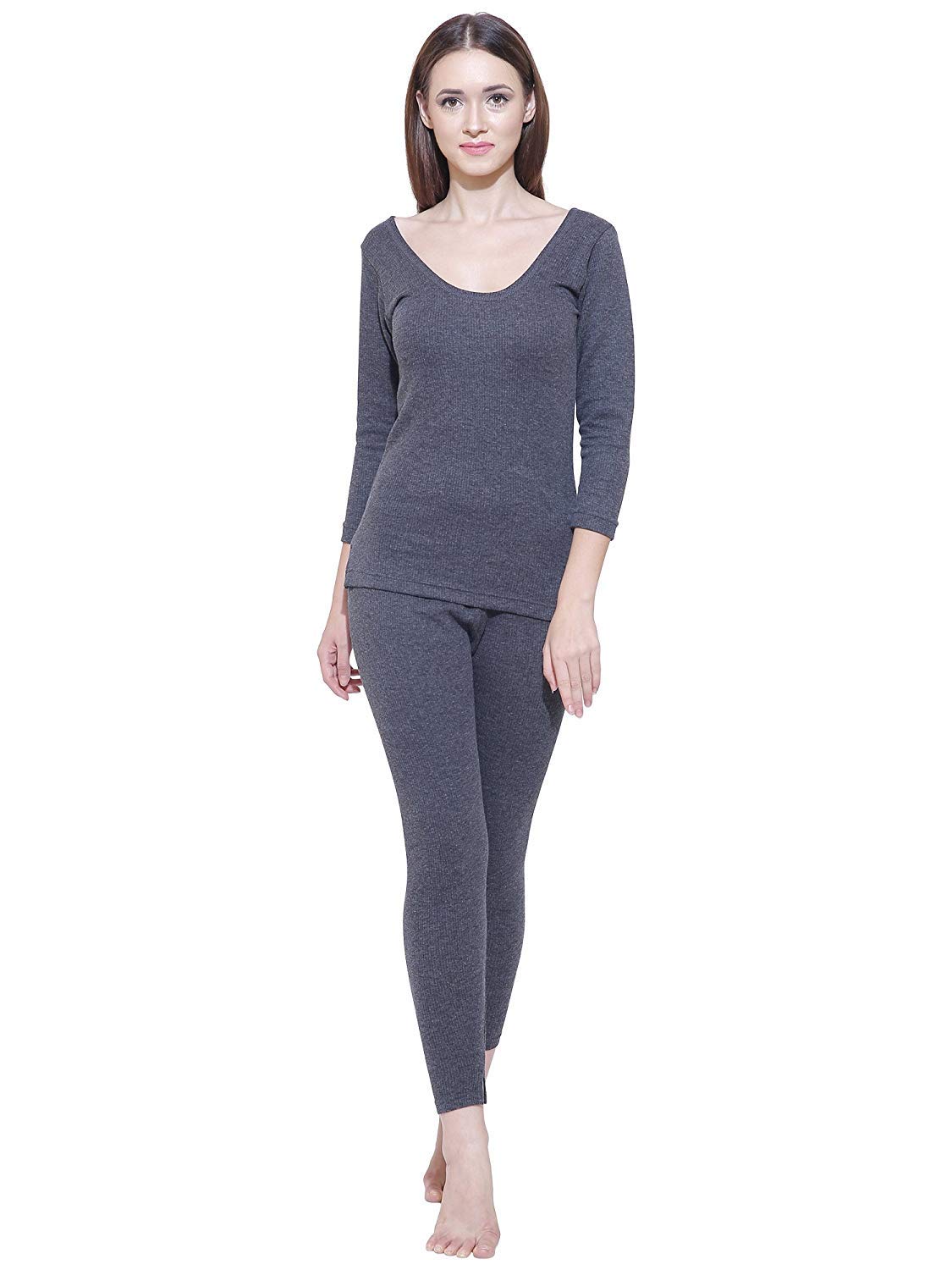 bodycare insider Women Charcoal Melange Round Neck Full Sleeves Upper/Top and Lower/Trouser/Bottom Thermal Set - Pack of 1-picture-33