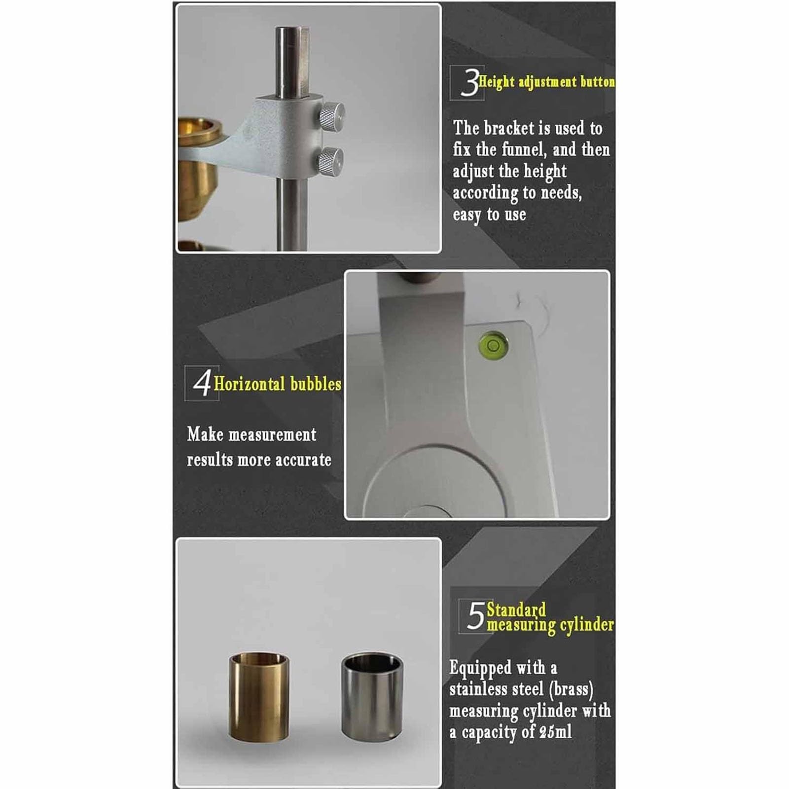 Kit de testeur de débit et de densité de Bloc de précision avec Tasse de Mesure de 25ml, Comprend des entonnoirs en Acier Inoxydable et en Laiton pour Les essais de débitabilité de Poudre