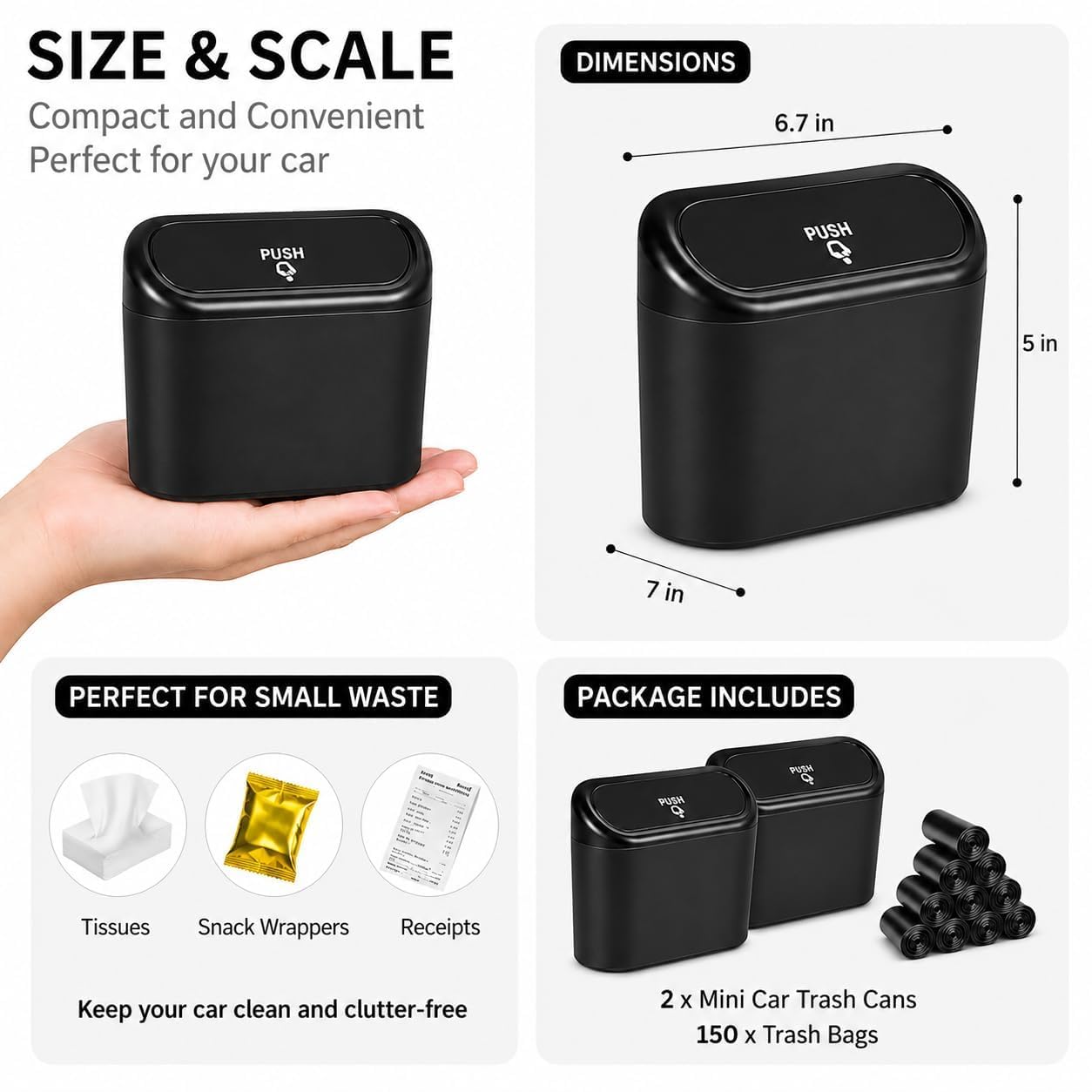 Lot de 2 mini poubelles de voiture avec couvercle, 1,4 L, avec 150 sacs poubelle inclus, pour l'avant, l'arrière et le bureau