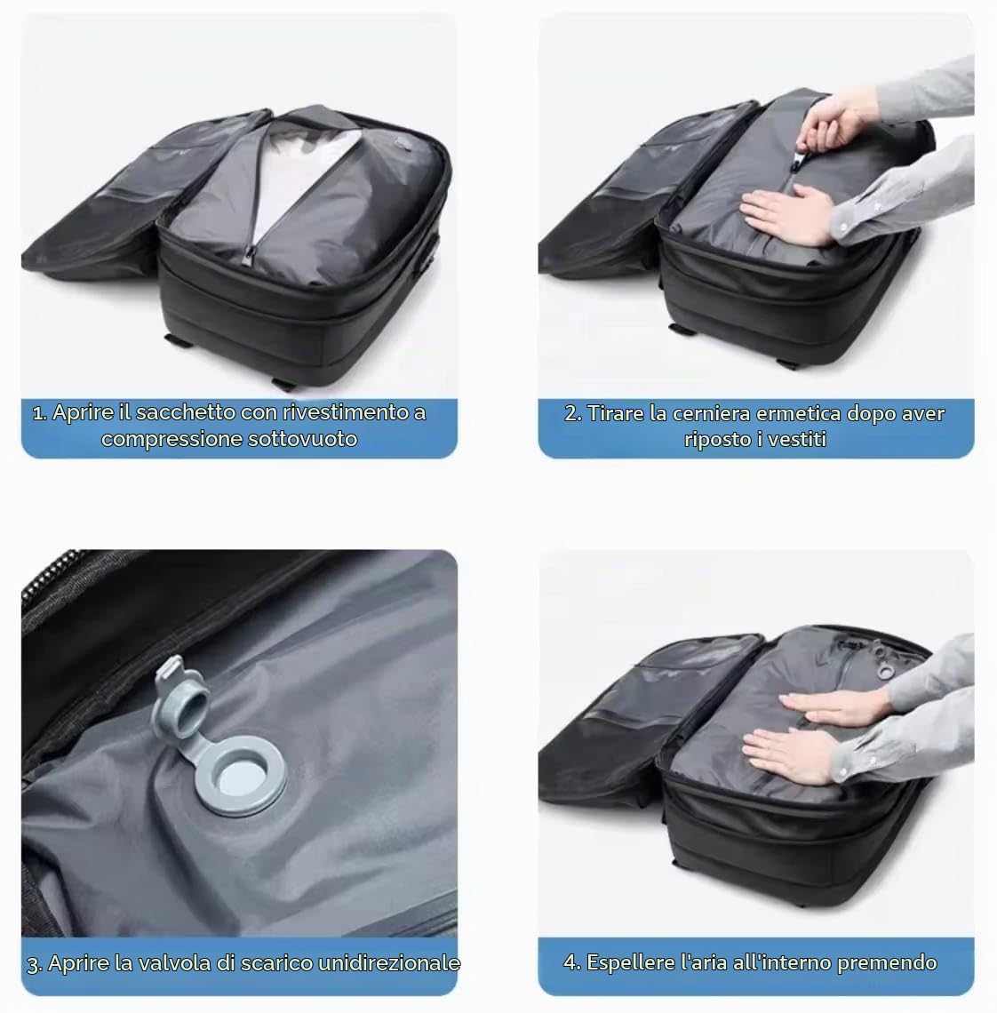 Generico Zaino sottovuoto Altissima Qualità espandibile fino a 60 litri con pompa sottovuoto USB-C, idrorepellente, lucchetto TSA, confome come bagaglio a mano, adatto per laptop, NERO
