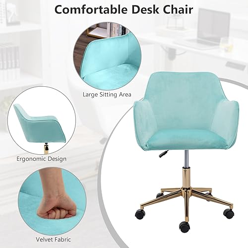 Miniatura 4 de Hommoo Silla decorativa de escritorio con ruedas y brazos, silla de trabajo ajustable de tela de terciopelo para el hogar, dormitorio, oficina,