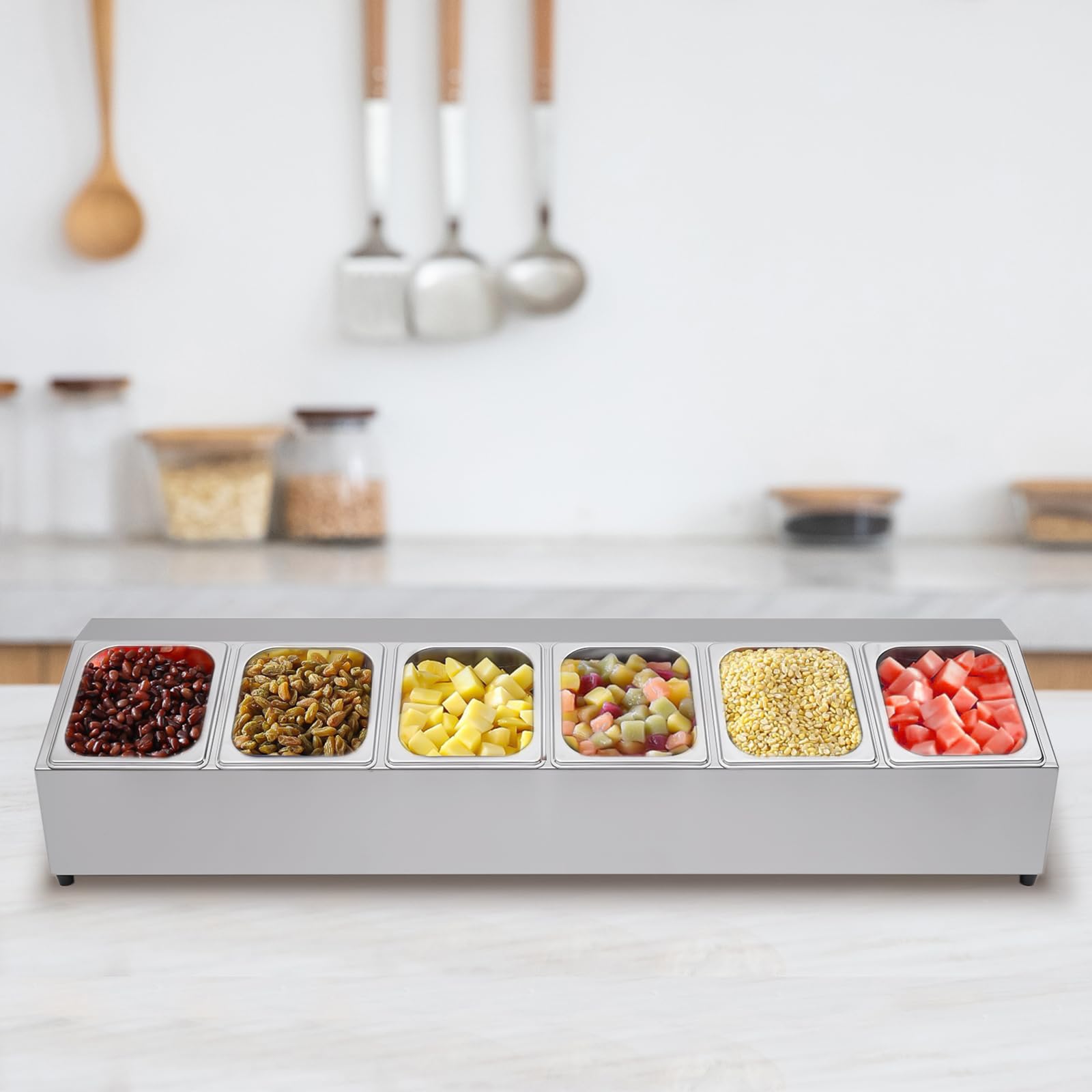 Contenedor Gastro Gn | Contenedor de acero inoxidable | Contenedor de ingredientes | Especiero de acero inoxidable 201 con 6 recipientes | Apto para lavavajillas | Gran capacidad | Accesorios buffet