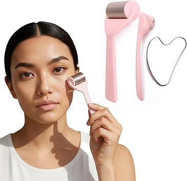 Stainless Steel Facial Gua Sha Tool Set, Ice Roller for Face&Eyes | Facial SPA at Home, Face Jawline Shaper, Double Chin Reducer, Puffiness Reducing, Lymphatic Drainage