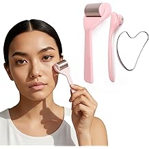 Ice Roller for Face&amp;Eyes with Gua Sha Facial Tool, 3-Pcs Stainless Steel Facial Massage Tool Sets for Face Jawline Shaper, Double Chin Reducer, Puffiness Reducing, Lymphatic Drainage