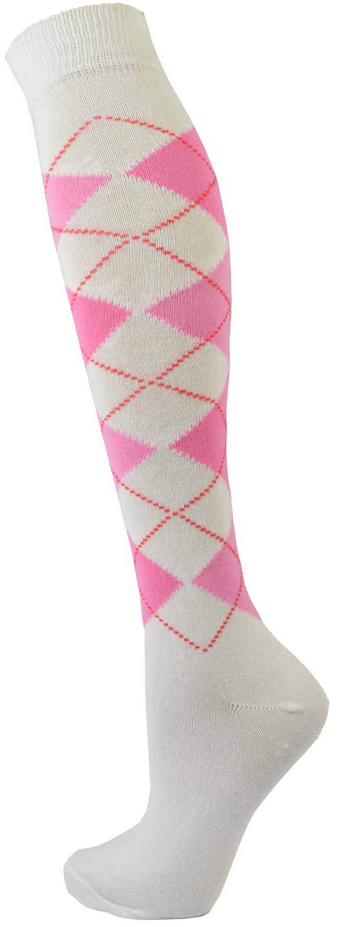 Cotton Rich Knee High Argyle Diamond Design Socks (Pink on White)