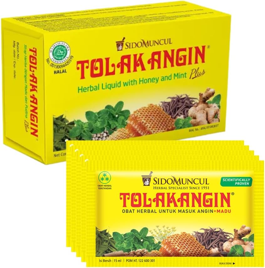 Sidomuncul Tolak Angin Plus 5 saszetek 15ml - tradycyjna indonezyjska formuła ziołowa - mieszanka roślin, miód, mięta