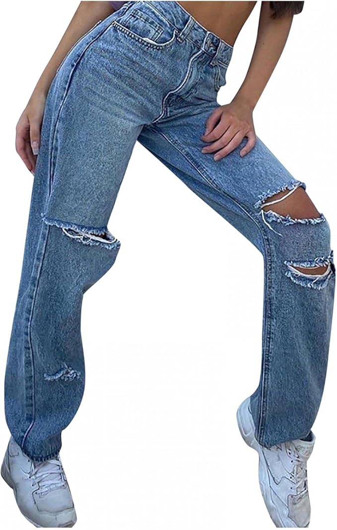 Amazon Doworspaw ダメージ ジーンズ レディース ゆったり デニムパンツ レディース ゆったり 韓国 ジーンズ ダメージ加工 ファッション ロングパンツ ハイウェスト おしゃれ ストレートパンツ デニム 美脚 パギンス ジーンズ デニム ジーンズ 通販