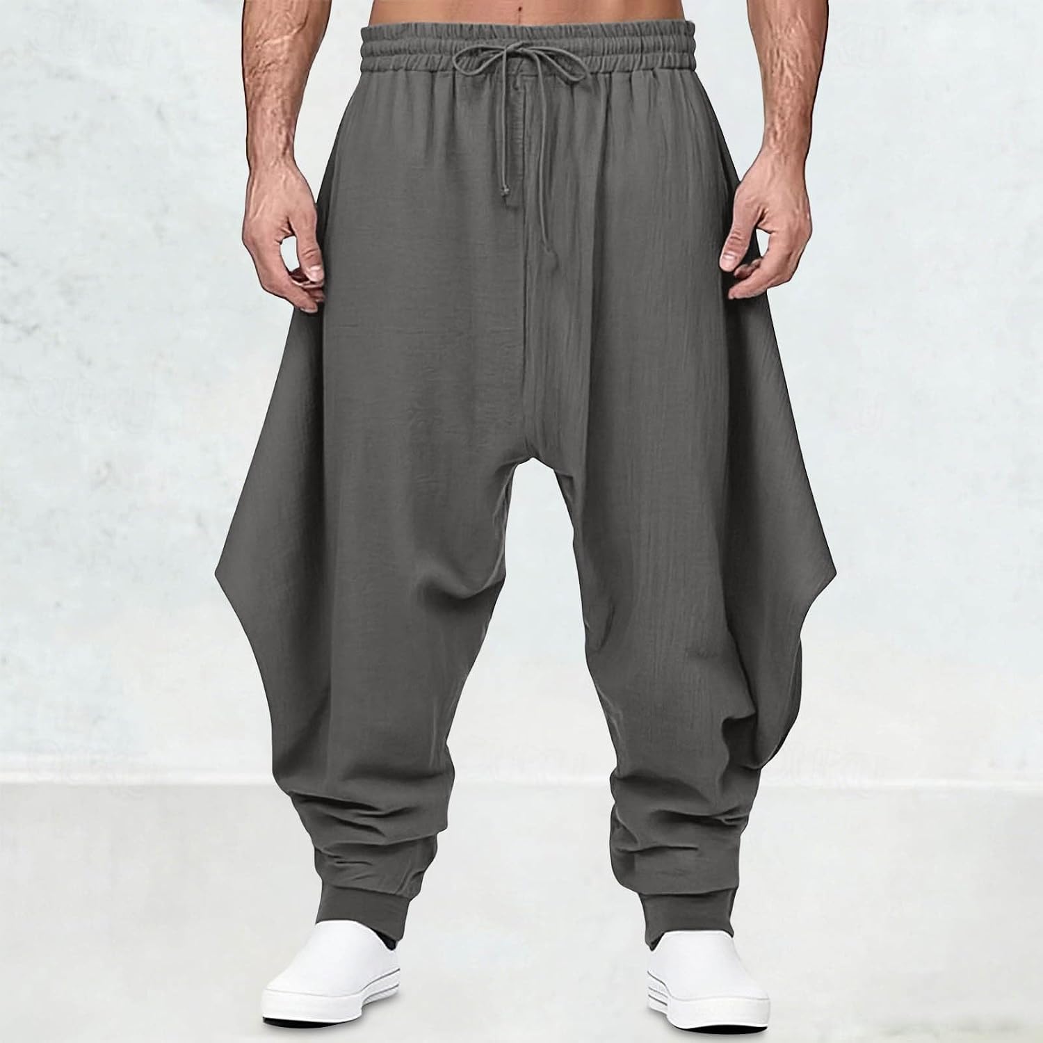 Men Cotton Linen Pants Drop Crotch Wide Leg Baggy Harem Pants Casual Elastic Waist Trouser Hippie Summer Beach Joggers