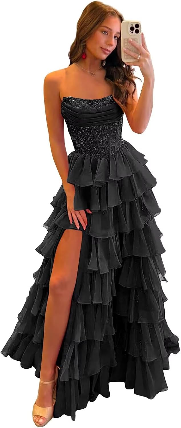 Tiered Chiffon Prom Dresses for Women 2026 Strapless Long Formal Dress A Line Sparkly Ball Gown