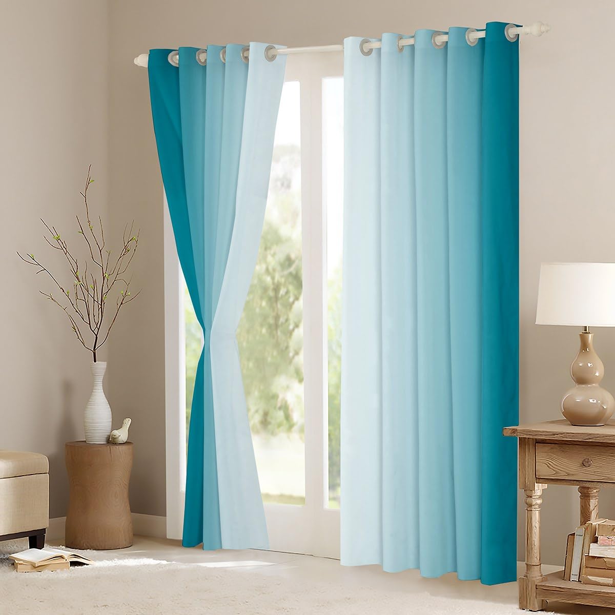 Homemissing Teal Blue Darkening Drapes Gradient Style Curtains for Bedroom Living Room For Kids Women Men Ombre White 30%-50% Blackout Curtains Geometric Window Treatments W52*L90 - Image 3