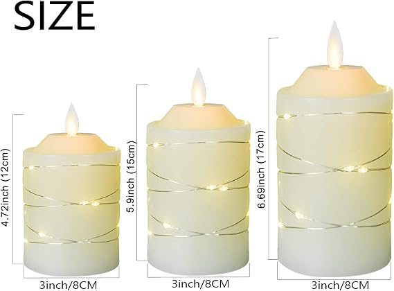 Battery Operated Flameless Pillar LED Remote Control Candles 3pack Ivory