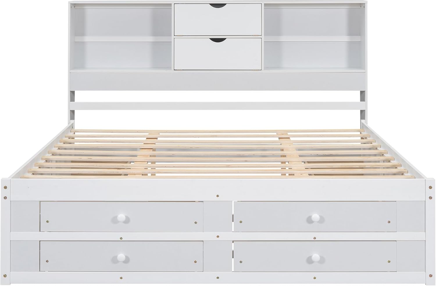Harper & Bright Designs Queen Size Platform Bed with Storage Drawers and Bookcase Headboard, Queen Storage Bed Frame, Wood Queen Bed Frame for Kids Teens Adults, White, White(8 Drawers)