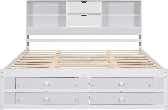King Size Platform Bed with Storage Headboard and 8 Drawers, Captain Bed Frame with Bookcase and Slats for Adults, Teens, Kids, Space-Saving, No Box Spring Needed-White
