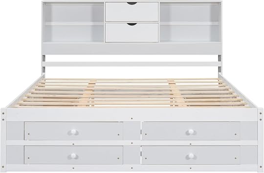 King Size Platform Bed with Storage Headboard and 8 Drawers, Captain Bed Frame with Bookcase and Slats for Adults, Teens, Kids, Space-Saving, No Box Spring Needed-White