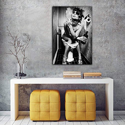 Amemny Black And White Sexy Woman Beauty Canvas Print Modern Bar Girl Smoking And Drinking In Restroom Painting Picture Poster Decor For Bedroom Framed Ready To Hang #TOP3