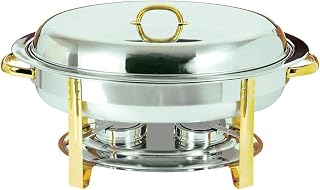 Oval Hot Pot, 6 Liter Full Size Stainless Steel and Buffet Warmer Set Tray with Food Tray, Water Tray, Frame, Lid and Fuel Rack Buffet Heater, Silver,Gold