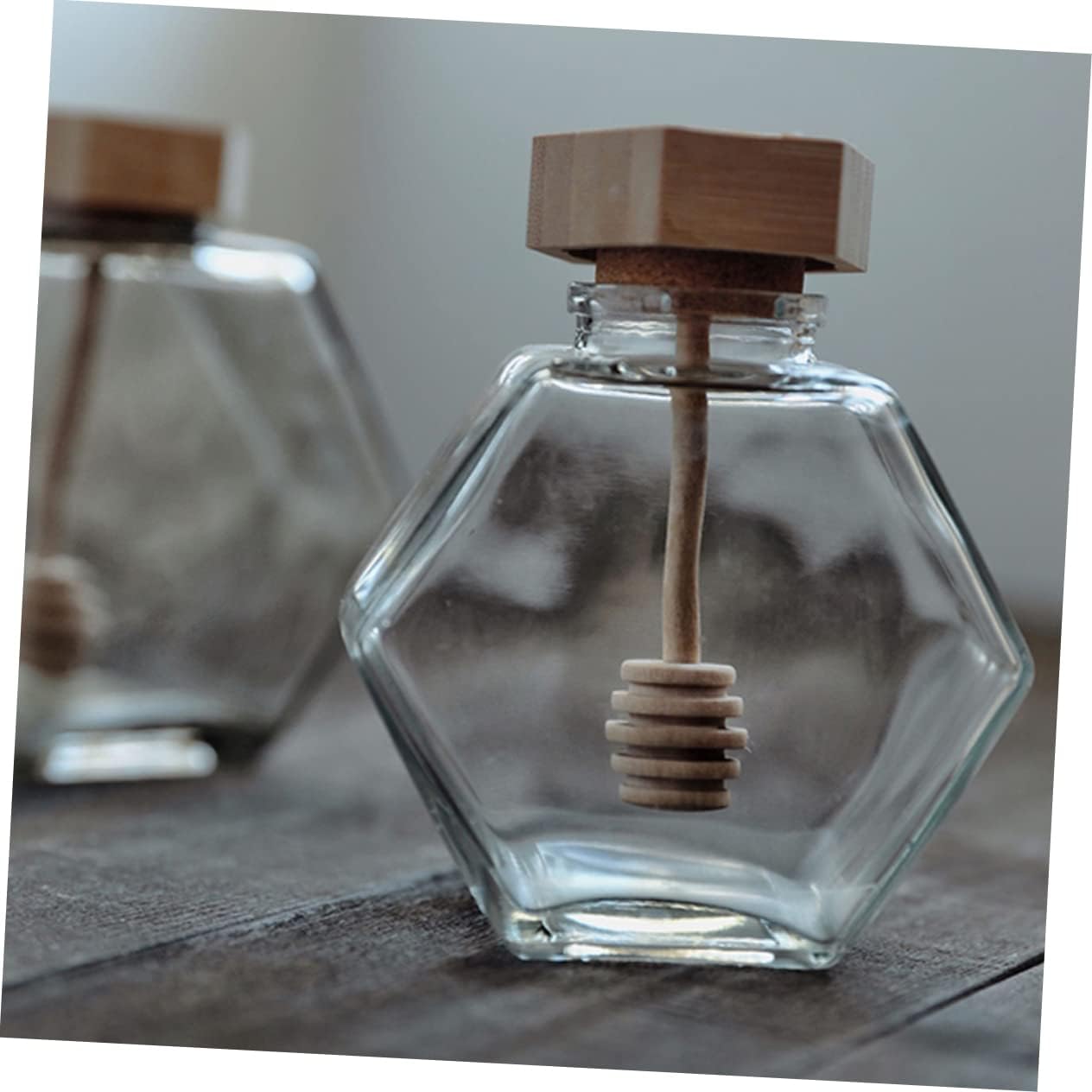 2pcs Hexagonal Glass Honey Pot Wooden Lid and Dipper Airtight Honey Container for Home and Kitchen Stylish and Functional Storage