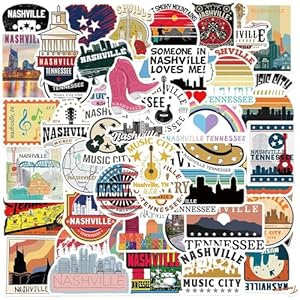 Nashville – Calcomanías de Tennessee (50 unidades) impermeables de vinilo Nashville Music City para botellas de agua, laptop, equipaje, computadora, teléfono móvil, monopatín, guitarra, casco