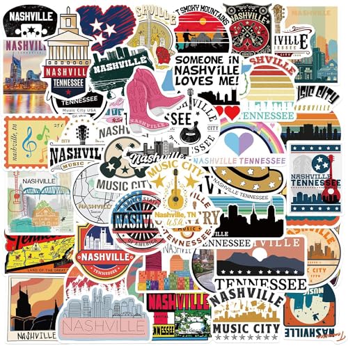Nashville Tennessee Stickers 50Pcs Waterproof Vinyl Nashville Music City Decals for Water Bottles Laptop Luggage Cup Computer Mobile Phone Skateboard Guitar Helmet Snowboard Décor