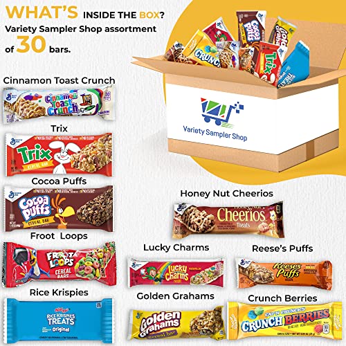 Cereal Bars Variety Pack Breakfast Food Snack Box 30 Individually Wrapped Granola Bars Lucky Charms, Cinnamon Toast Crunch, Cap'n Crunch, Golden Grahams, Cocoa, Peanut Butter Puffs And Reusable Bag #TOP1