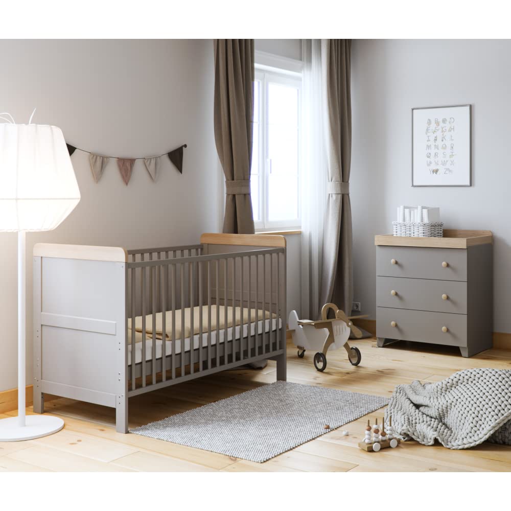 Little Acorns Classic 2 Piece Nursery Bedroom Set, Cot Bed and 2 in 1 Dresser Changing Unit Storage Organizer – Grey and Oak Two Tone