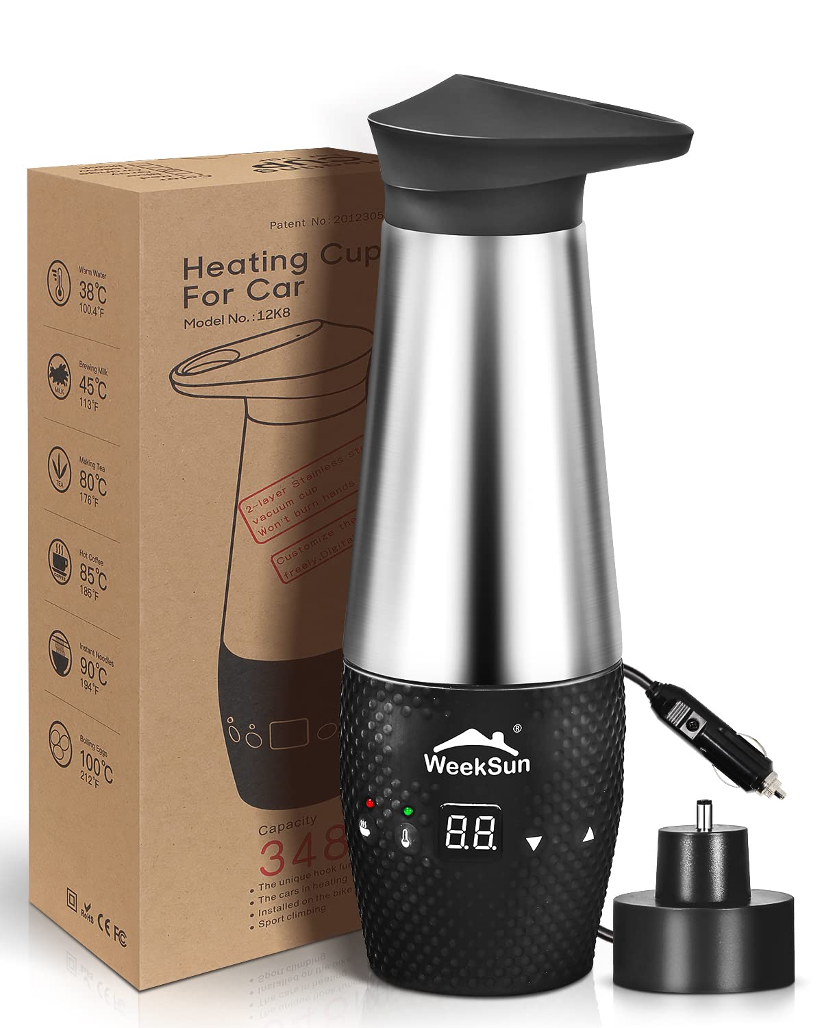 Car Kettle 12V, Portable Car Kettle Water Boiler with Temperature Control, Stainless Steel Inner, Quick Boiling, Auto Shut-Off, Leak Proof and Boil-Dry Protection, 348ml