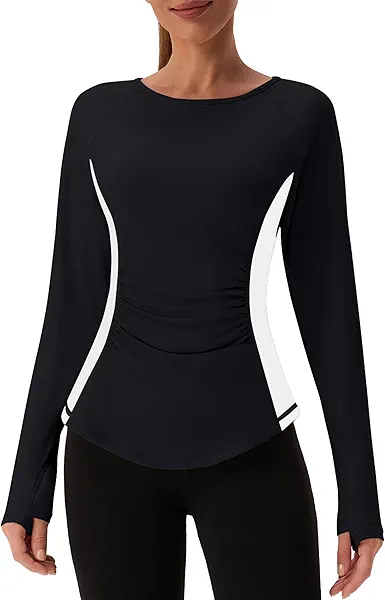 BMJL Womens Workout Tops Active Long Sleeve T Shirt Color Block Slimming Fall Shirts Gym Clothes Woman Blouses Outfits