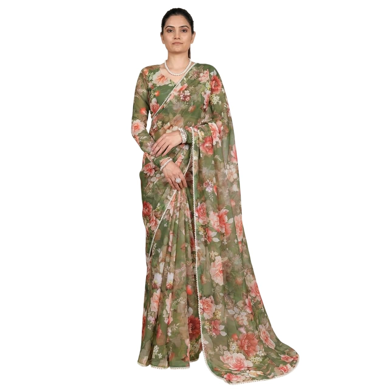sai leela creation art Women’s Designer Floral Printed Georgette Saree | Stylish Pearl Border Saree for women-picture-43