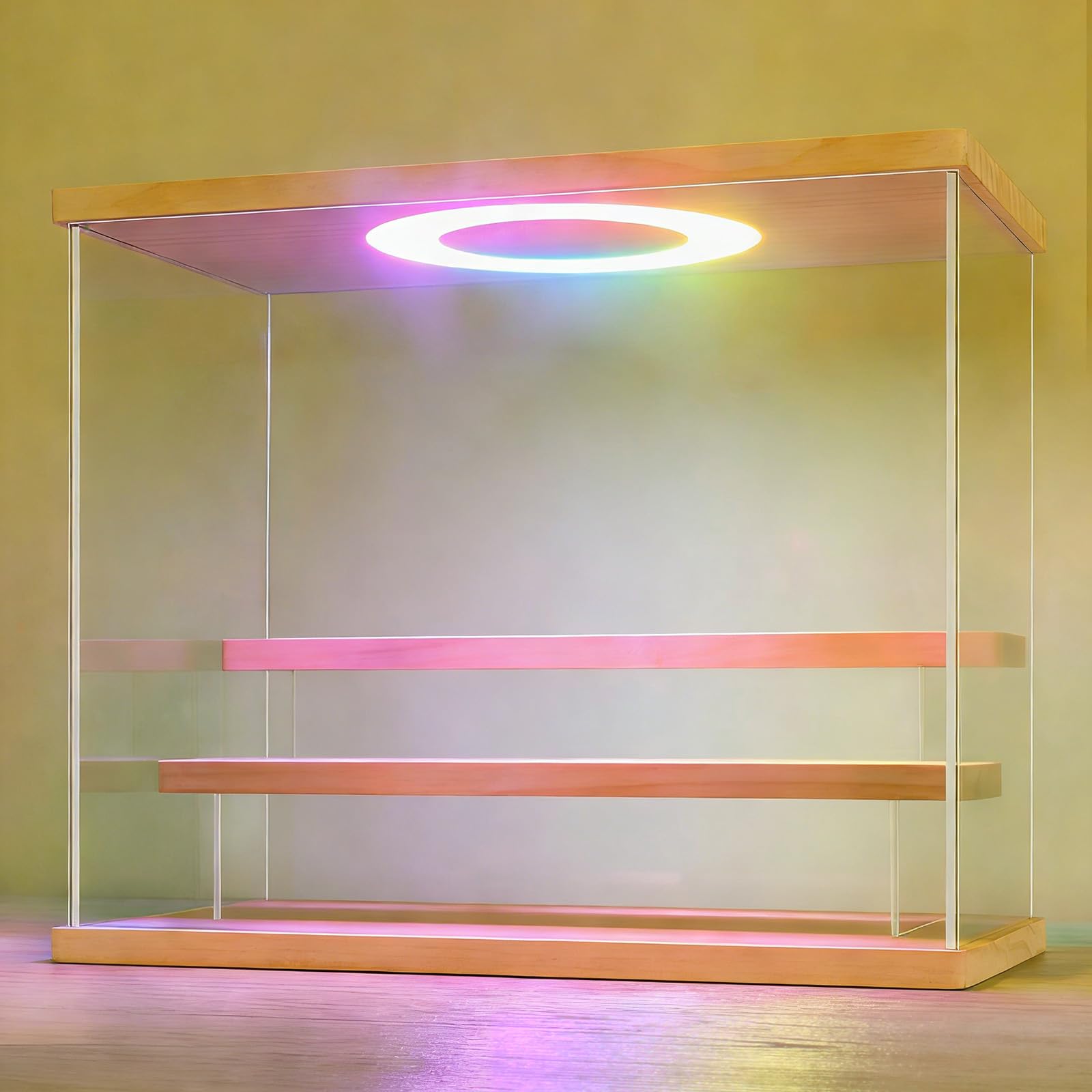 LANSCOERY RGB Lighted Acrylic Display Case – 3 Tier Wooden Showcase with Color Changing LED, Dustproof Organizer Box for Funko Pop, Mini Figures, Collectibles, 11.8x6.3x9.4inch