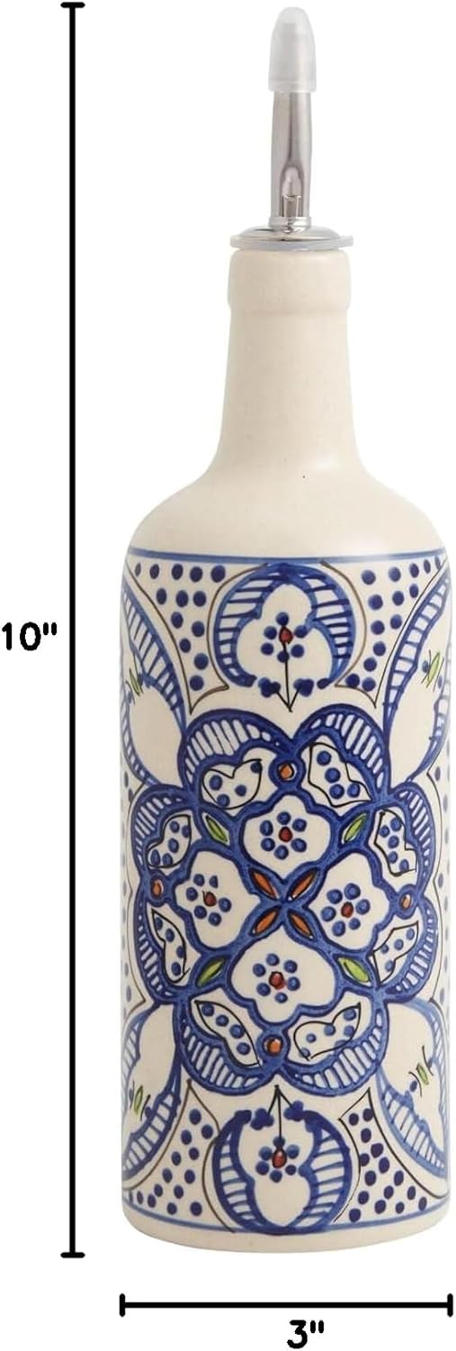 Tunis Ceramic Olive Oil Dispenser Bottle for Kitchen - Dripless Olive Oil Dispenser Bottle with Rubber and Stainless Steel Pour Spout - Handcrafted African Art - Cool Kitchen Tools & Gadgets (22 oz)