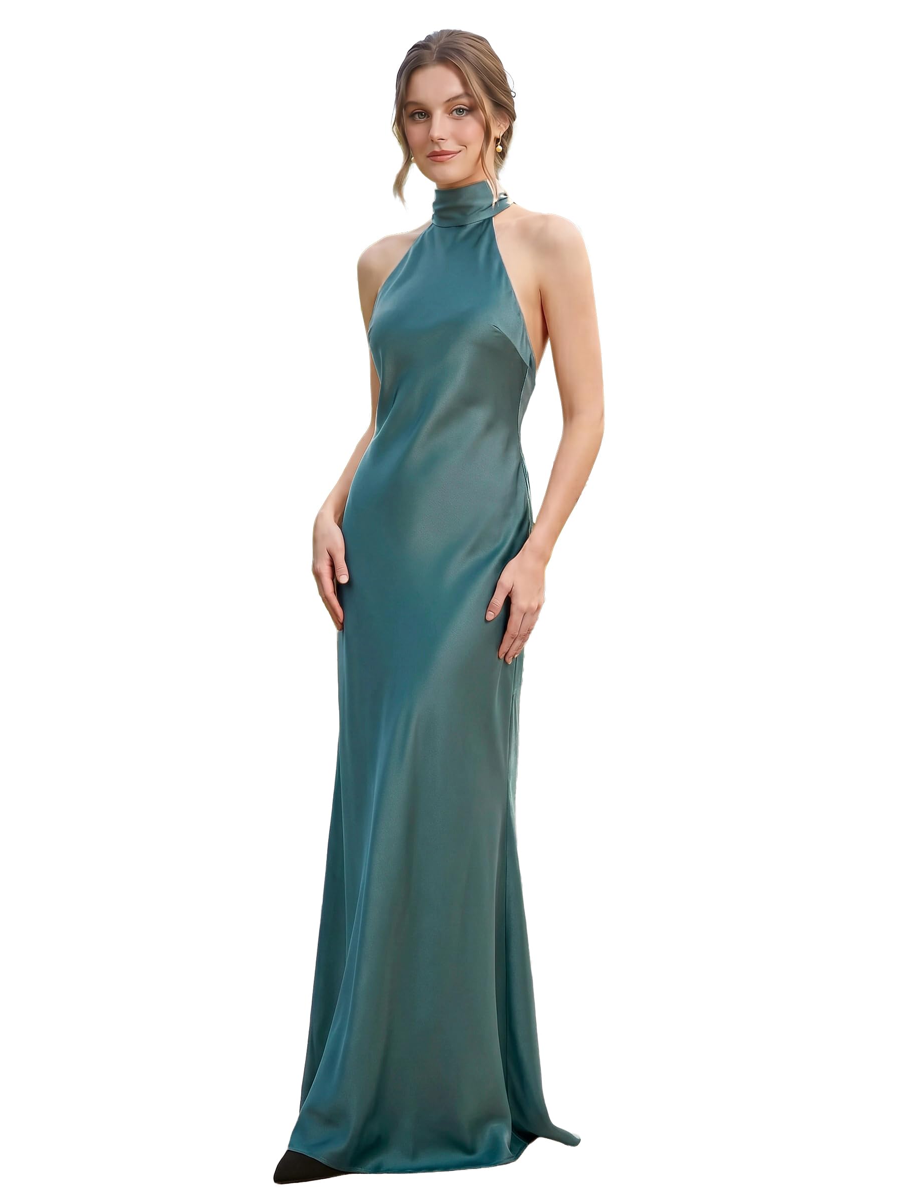 Women's Satin Halter High Neck Backless Dress