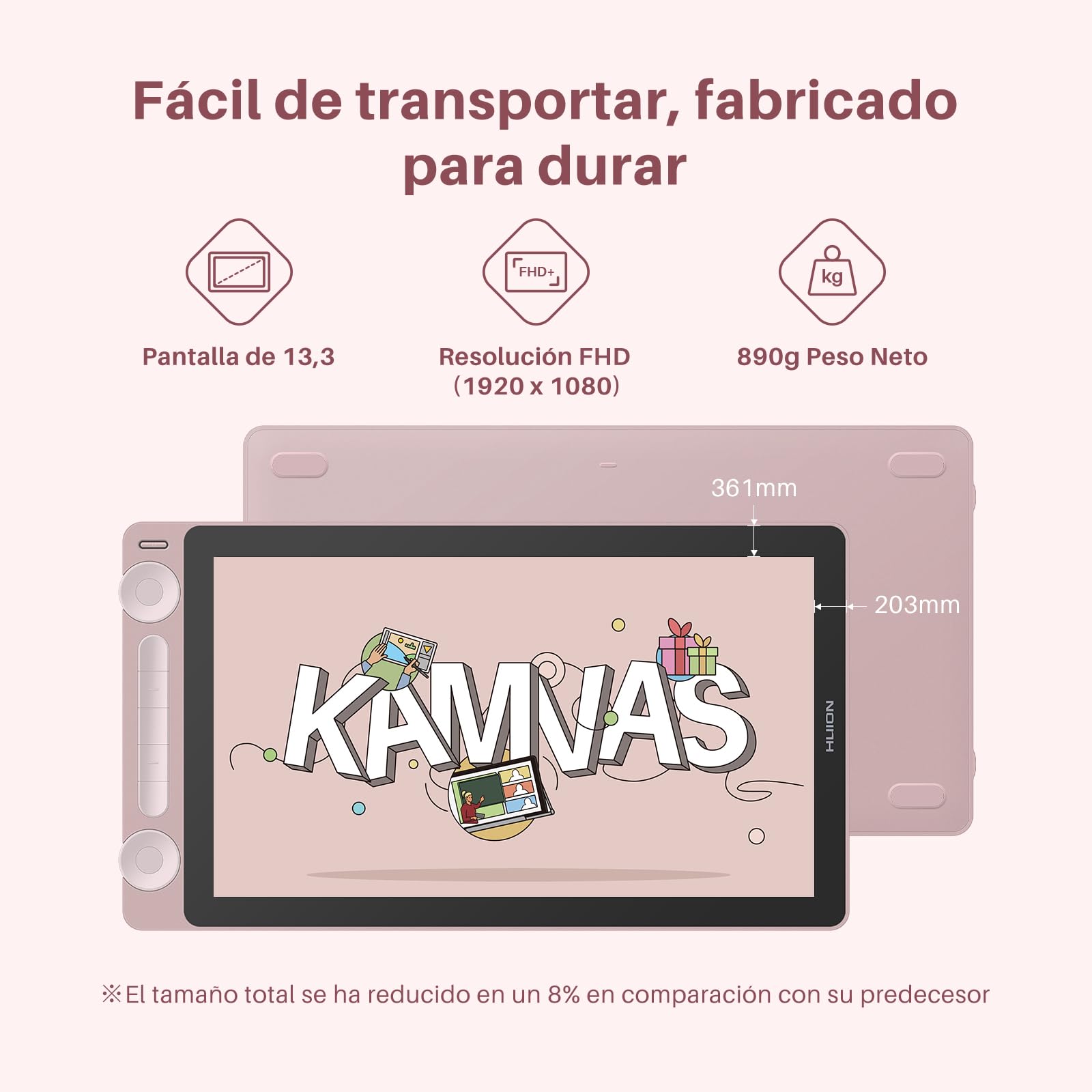 HUION Kamvas 13 Gen3 2024 Tableta Gráfica con Pantalla, Tableta de Dibujo 13.3" Vidrio Anti Brillo Canvas, Pentech 4.0, 16384 Presión del Lápiz, Doble Dial para PC, Mac, Android, Rosa
