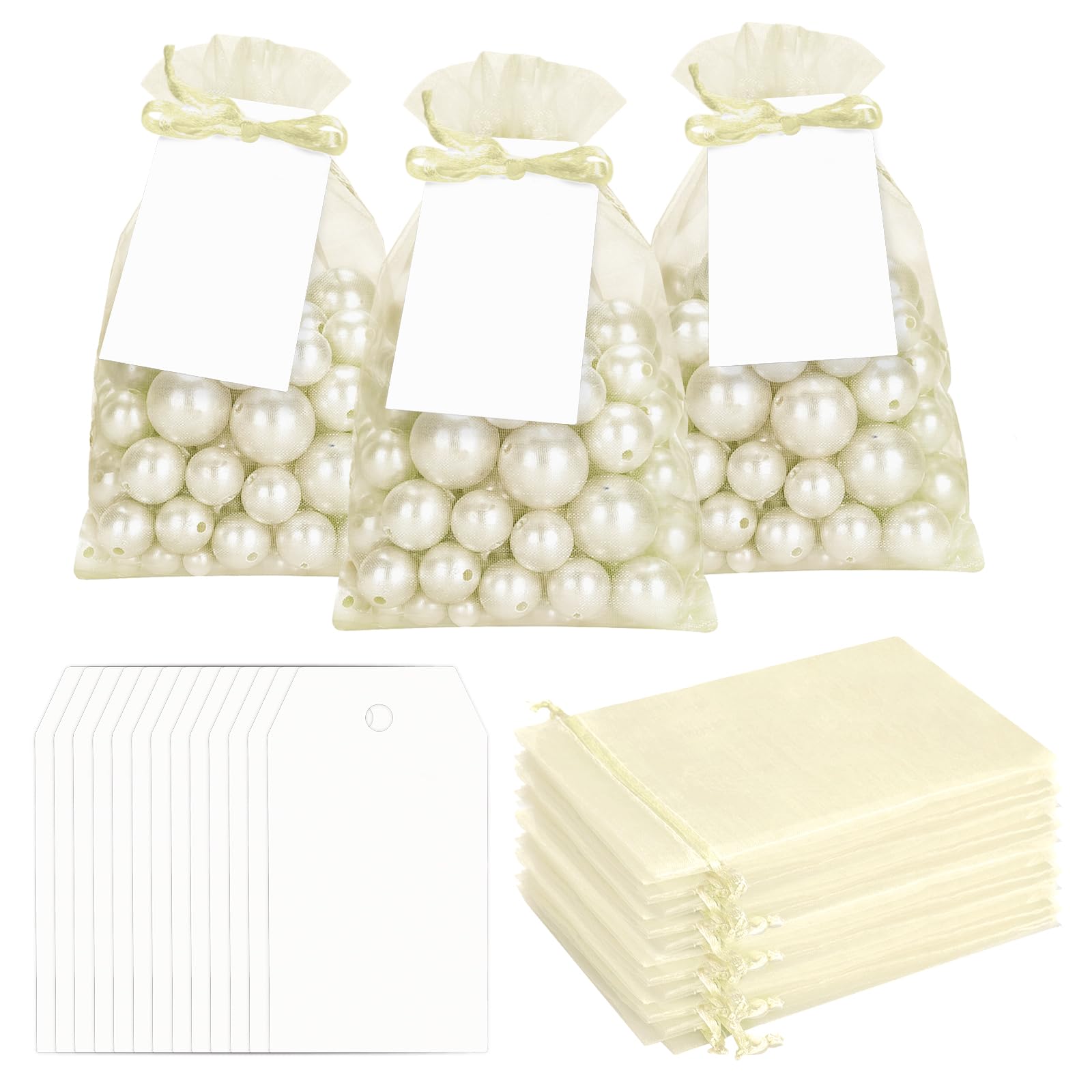 G2PLUS 50 Pack Organza Gift Bags with Tags: 10 x 15 cm Beige Drawstring Favour Pouches with 4 x 7 cm White Tags for Wedding Party Favours Jewellery Candy