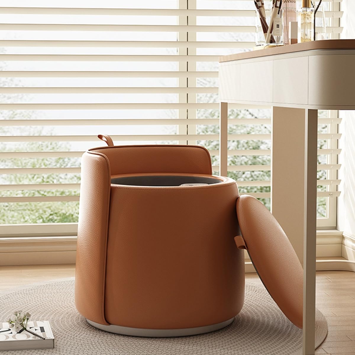 GIZNXBA rund Sitzhocker Mit Stauraum 360°-Drehung Leder Pouf Hocker Für Couch, Polsterhocker rund Fußstütze Mit Deckel