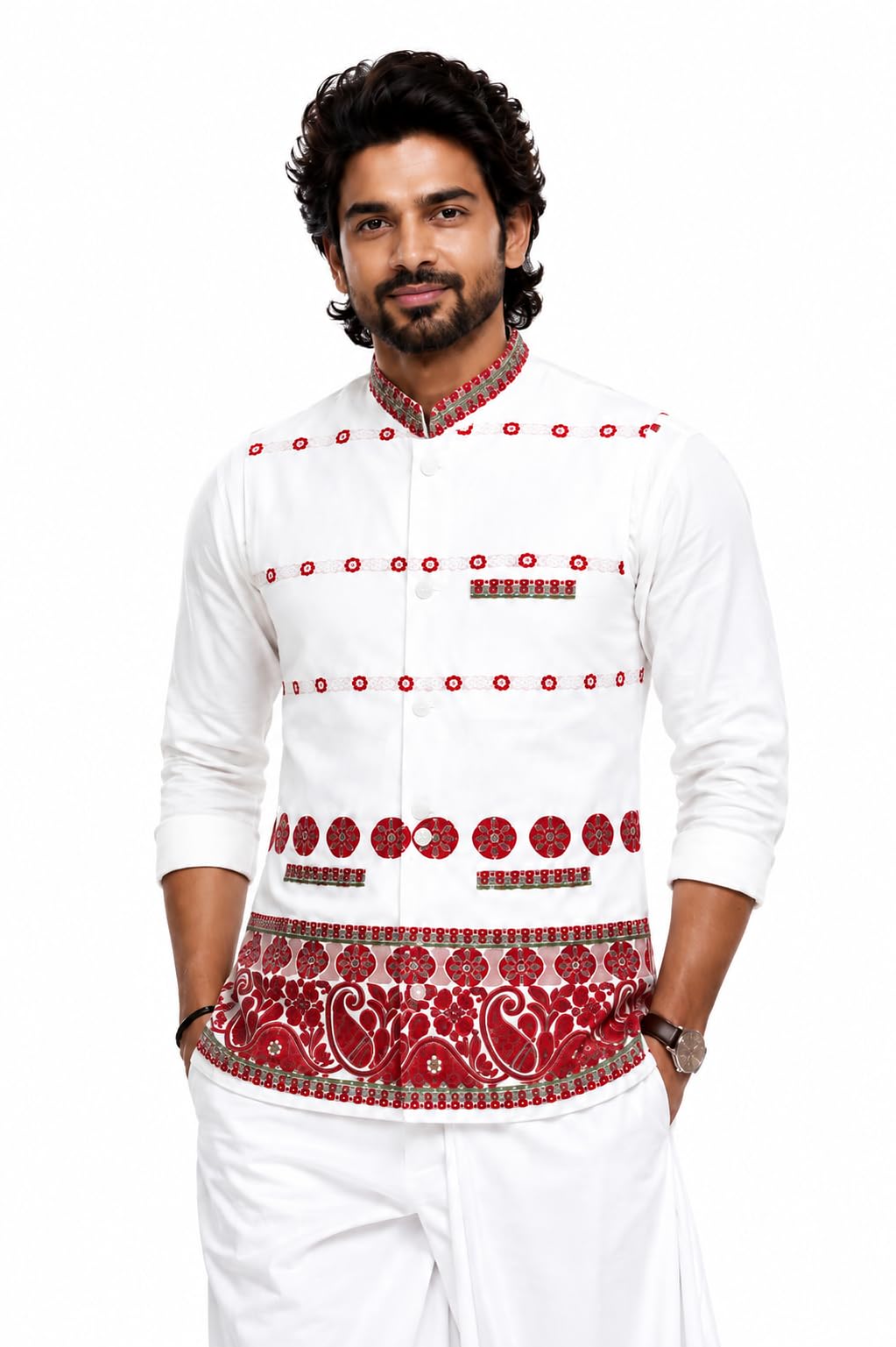 Men's White Nehru Jacket with Red Floral Embroidered Border, Traditional Indian Ethnic Vest-picture-15