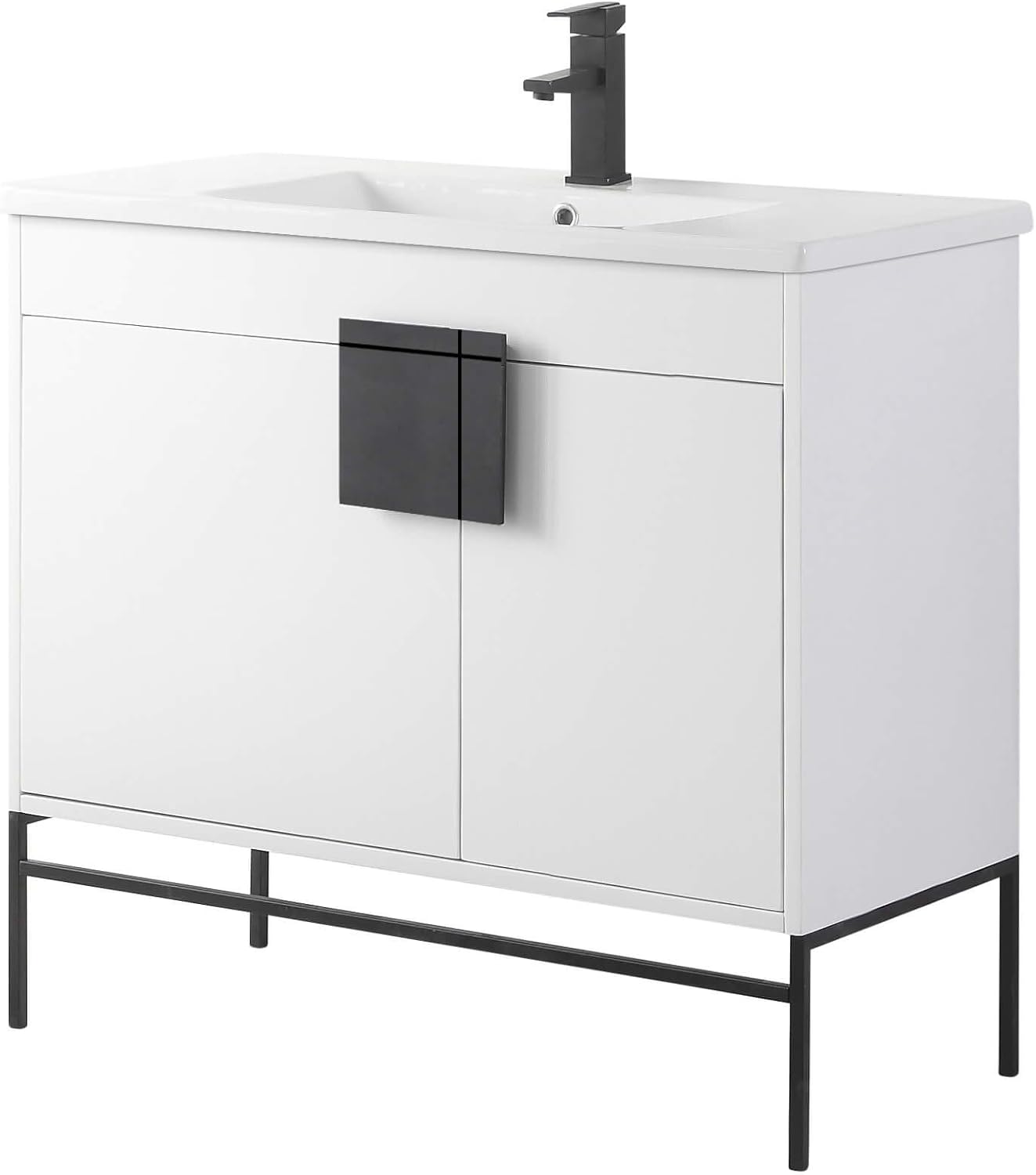 Fine Fixtures - Modern White 36" Bathroom Vanity Set, Black Matte Hardware, Vireous China Sink Top