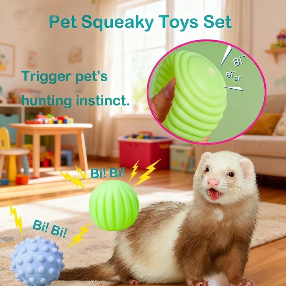 14 Stück Frettchen Quietschspielzeug Set Gummibälle Frettchen Zähne Schleifen Kaubälle Zahnen Hüpfglocke Ball Interaktiver Sound Quietscher Spielzeug Übung Kratzspielzeug für Frettchen Haustier Katze