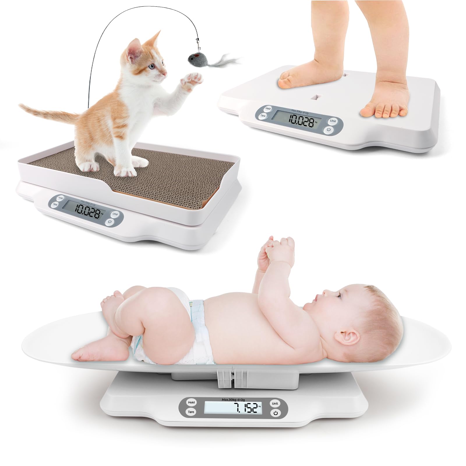 Báscula digital para mascotas con 2 bandejas extraíbles, LCD, 4 modos de pesaje kg/oz/lb/ml