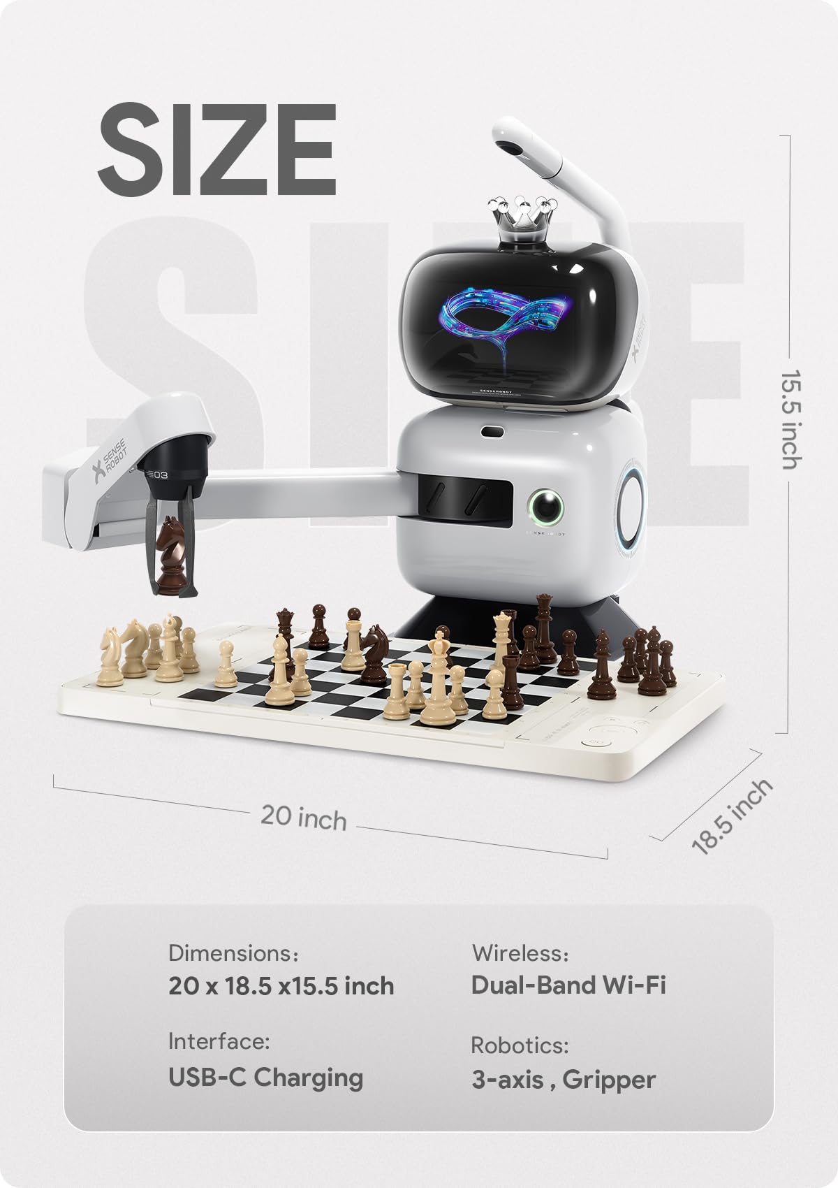 Sense Robot Robot szachowy AI z ramieniem robota, elektroniczna szachownica komputerowa – 25 poziomów AI, ponad 1200 ćwiczeń, trener końcówek, klasyczne powtórki gier