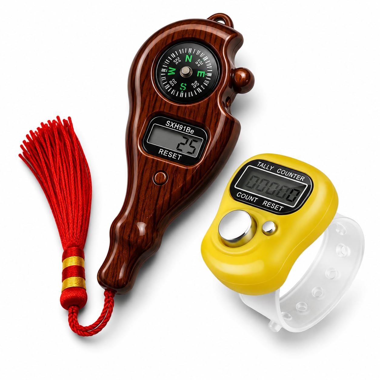 Digital Tasbeeh & Tally Counter Combo Pack (2 Pcs) - Treasure Tree Wooden Look Compass Jaap Counter + Ring Counter for Prayer, Meditation, Mantra Chanting, Gym Reps & Knitting-image-9