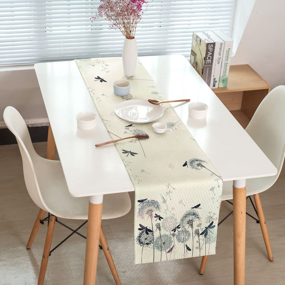 Camino de mesa rústico de diente de león y libélula, mantel de lino lavable para verano, otoño, cocina, comedor, decoración de mesa para vacaciones, fiestas, interiores y exteriores, 13 x 72 pulgadas